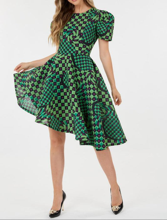 Abstract Green Midi Dress